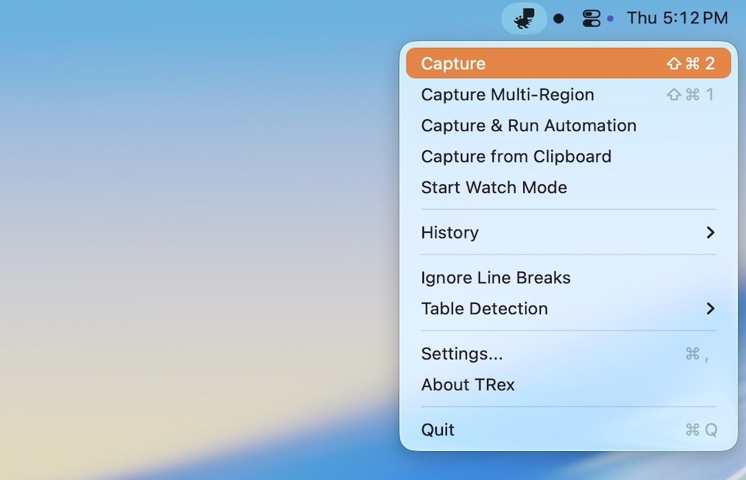 TRex menu bar activation showing capture options